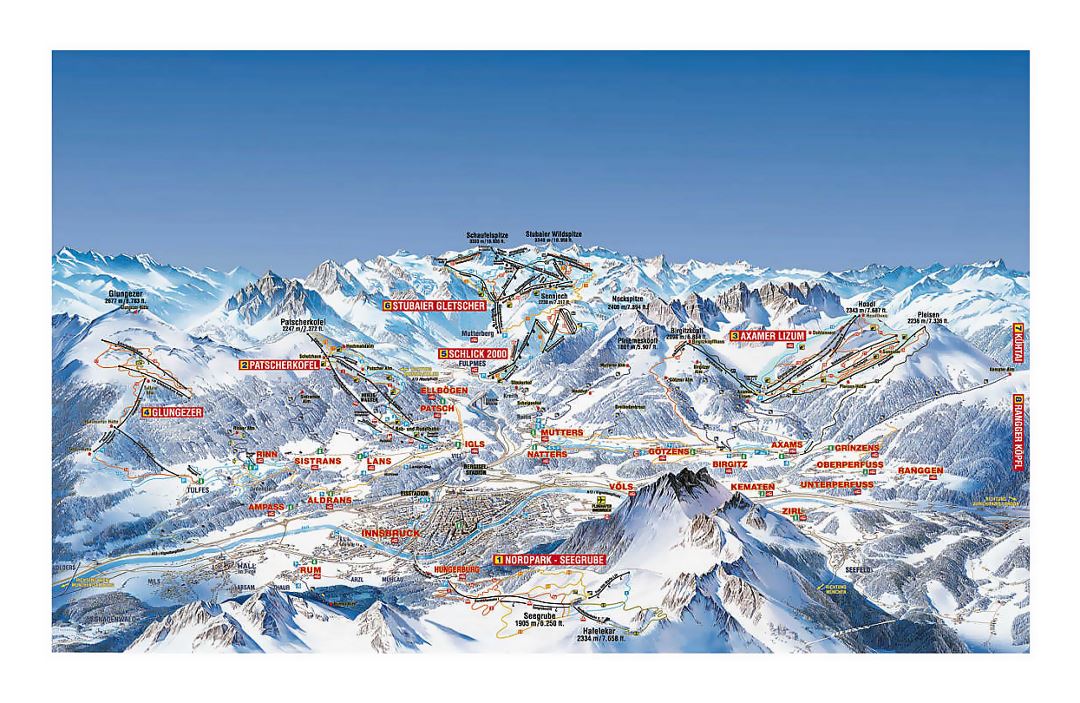 Detailed piste map of Innsbruck Ski Resort area (Olympia Skiworld)