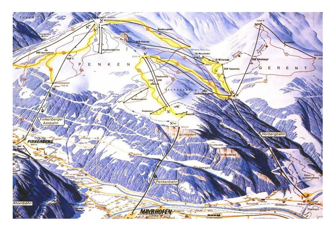 Detailed piste map of Mayrhofen, Finkenberg, Zillertal Valley - 1994