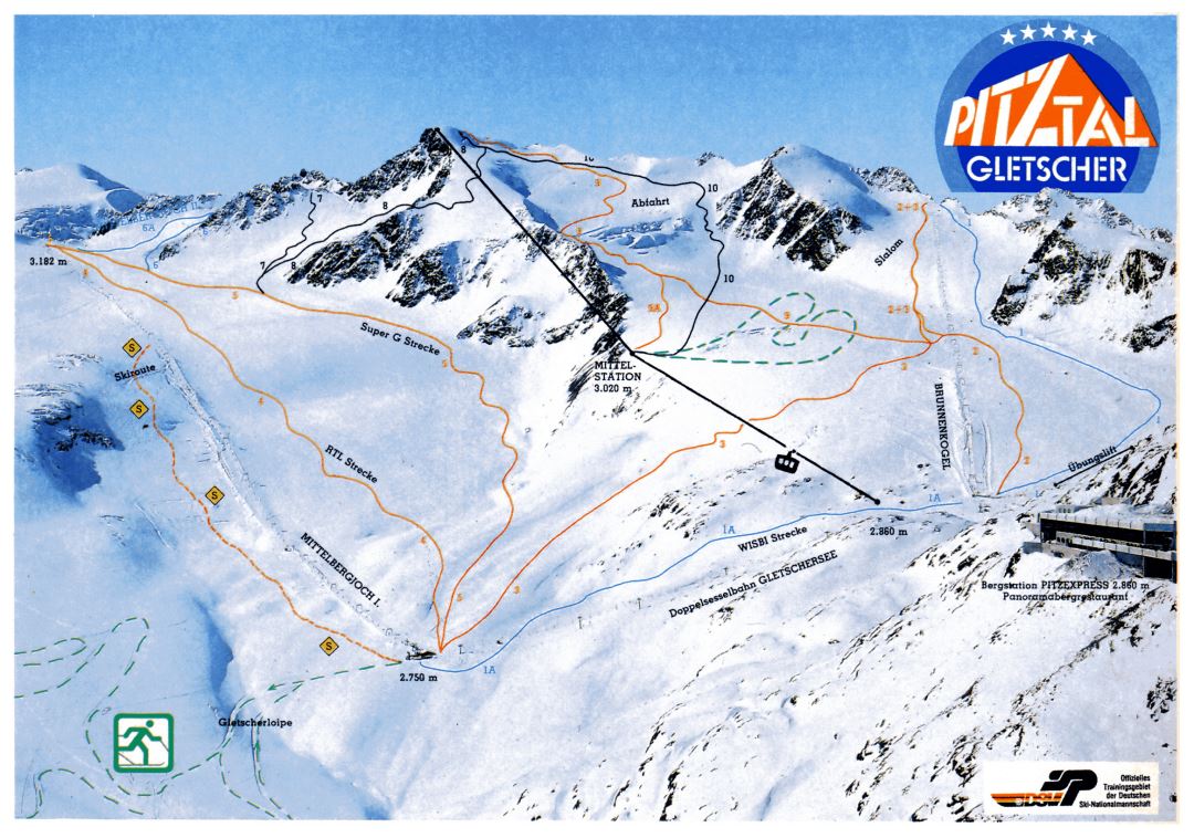 Detailed piste map of Pitztaler Gletscher Ski Resort - 1993