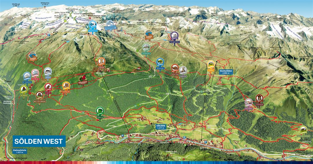 Large detailed cycling routes summer map of Solden Resort - 2016