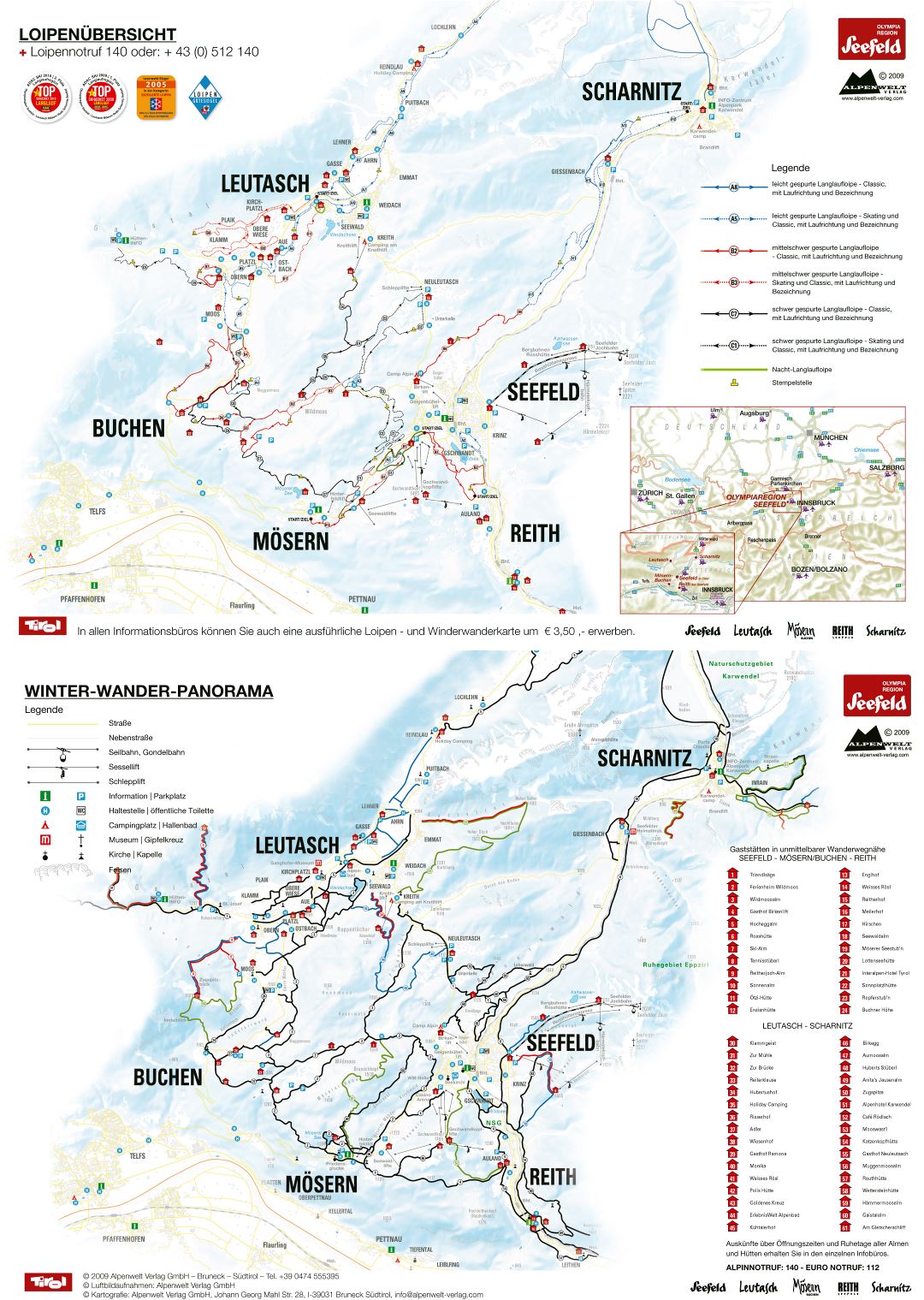 Large detailed map of Scharnitz, Leutasch, Buchen, Seefeld, Mosern and Reith Ski Resorts - 2016