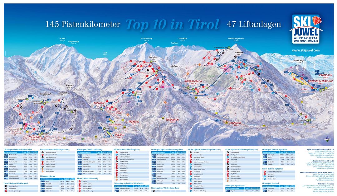 Large detailed piste map of Alpbach - Wildschoenau, Ski Juwel Ski Resort - 2012