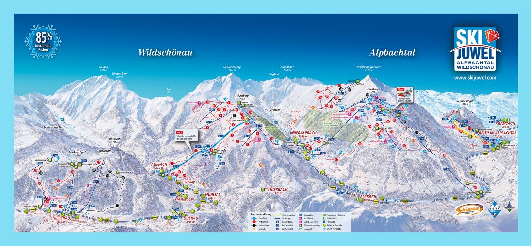 Large detailed piste map of Alpbachtal - Wildschoenau, Ski Juwel Ski Resort - 2018