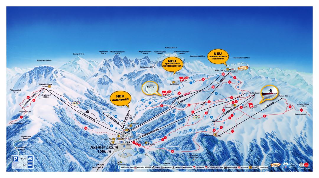 Large detailed piste map of Axamer Lizum, Innsbruck Ski Resort - 2018
