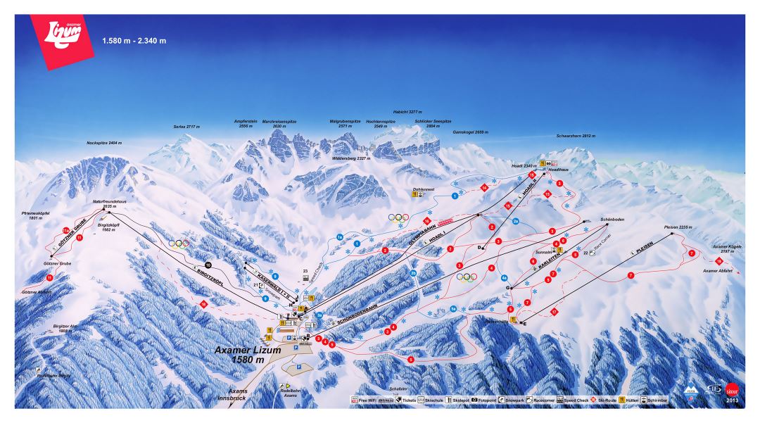 Large detailed piste map of Axamer Lizum, Innsbruck Ski Resort