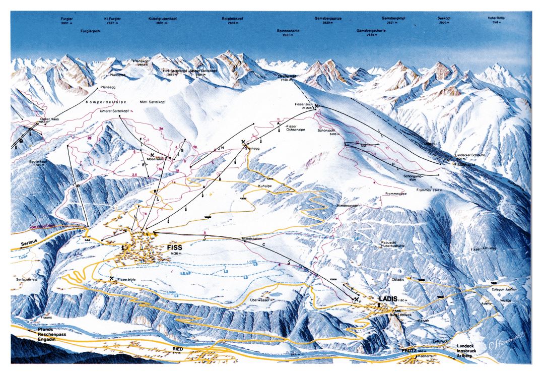Large detailed piste map of Fiss, Ladis - 1985