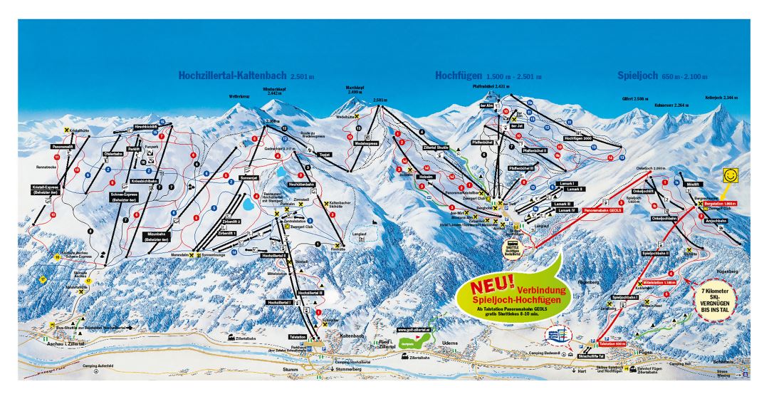 Large detailed piste map of Hochzillertal-Kaltenbach, Hochfugen, Spieljoch, Zillertal Valley Ski Resort - 2016