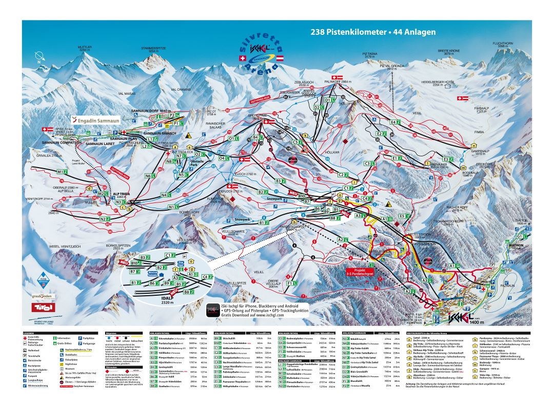 Large detailed piste map of Ischgl and Samnaun resorts, Silvretta Arena Ski Region - 2011