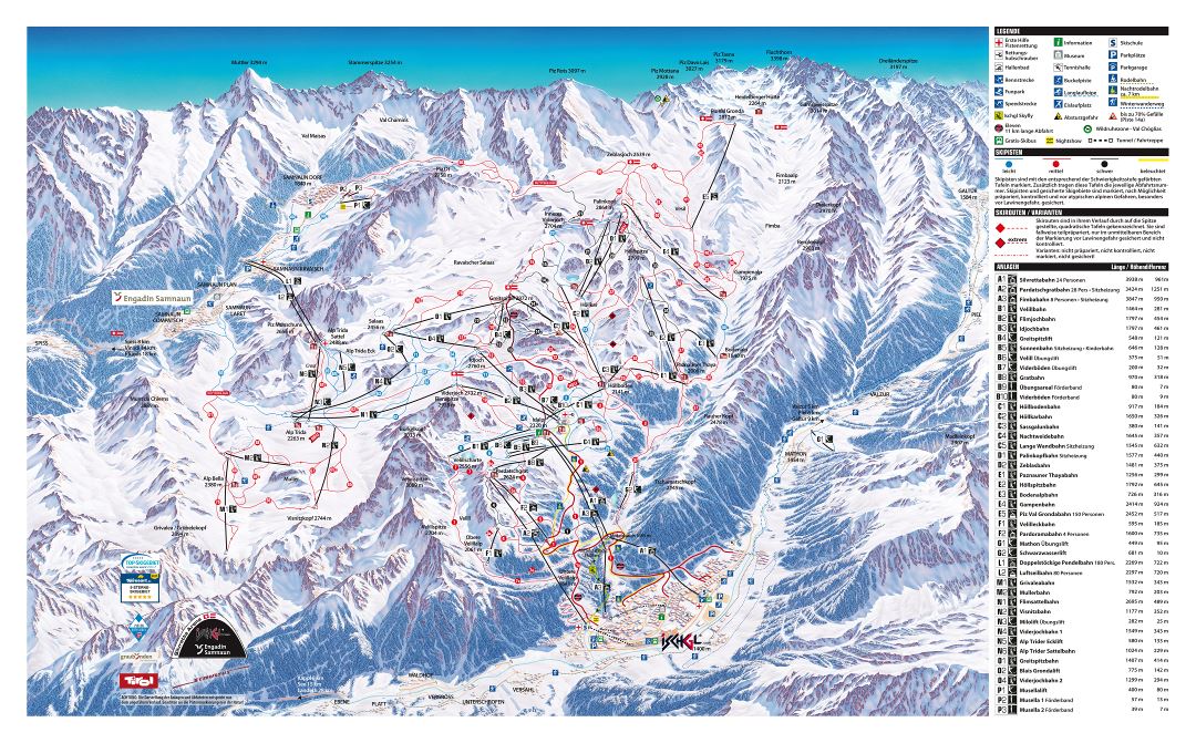 Large detailed piste map of Ischgl and Samnaun resorts, Silvretta Arena Ski Region - 2017