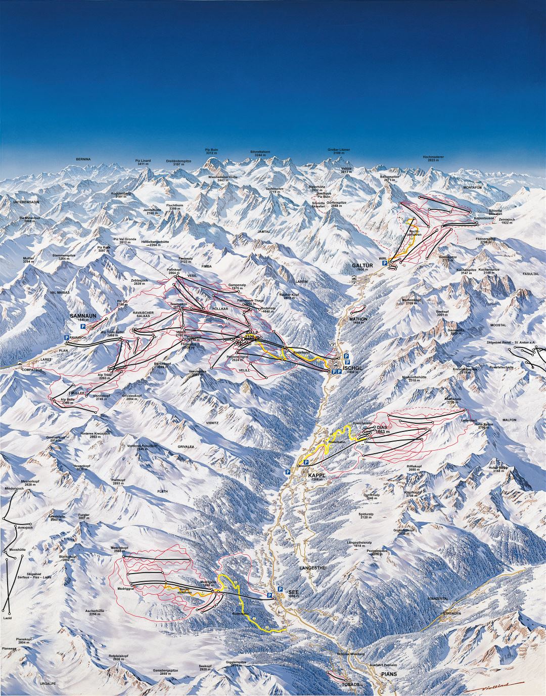 Large detailed piste map of Ischgl, Samnaun, Galtur, Kappl and See resorts, Silvretta Arena Ski Region - 2010