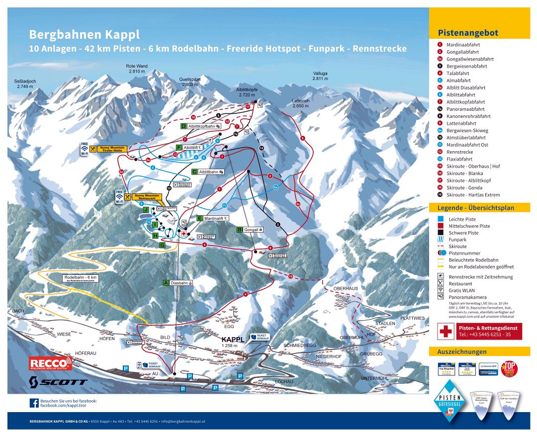 Large detailed piste map of Kappl resort, Silvretta Arena Ski Region - 2016