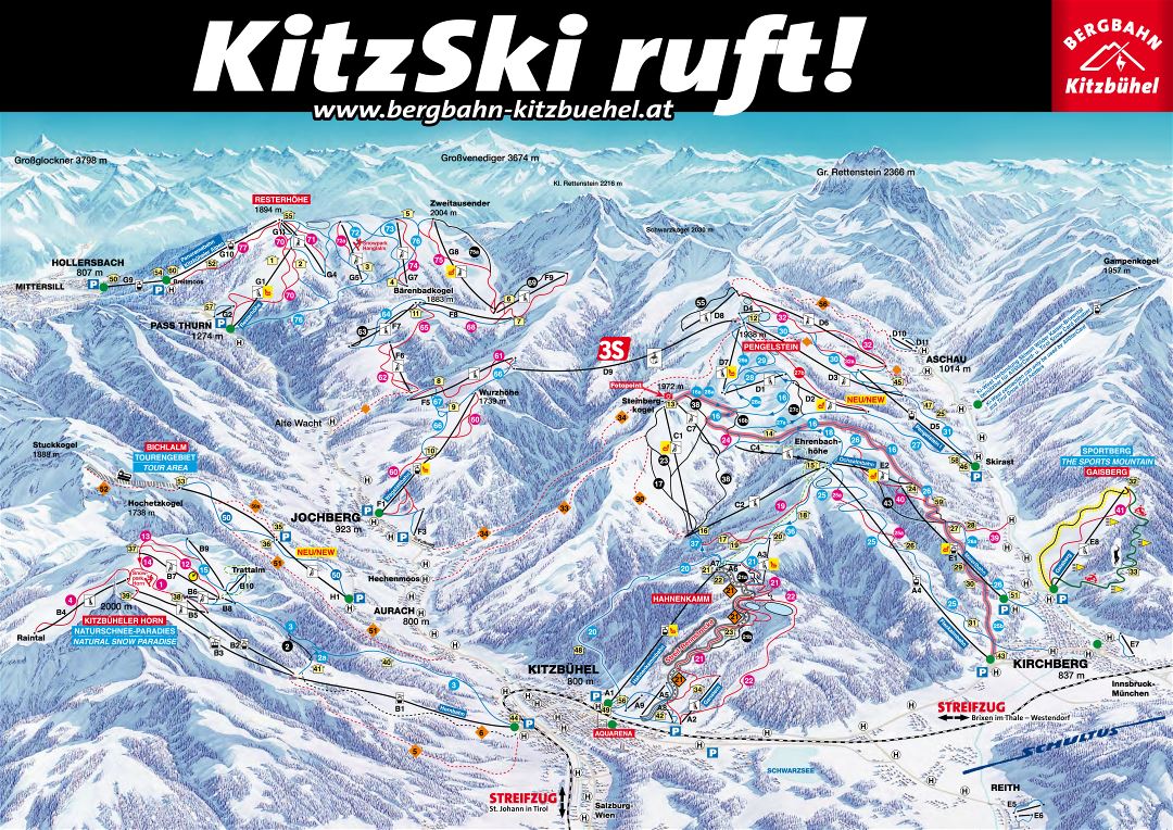 Large detailed piste map of Kitzbuhel, KitzSki, Kirchberg Ski Area - 2015