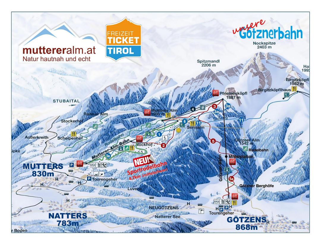 Large detailed piste map of Mutterer Alm, Innsbruck Ski Resort