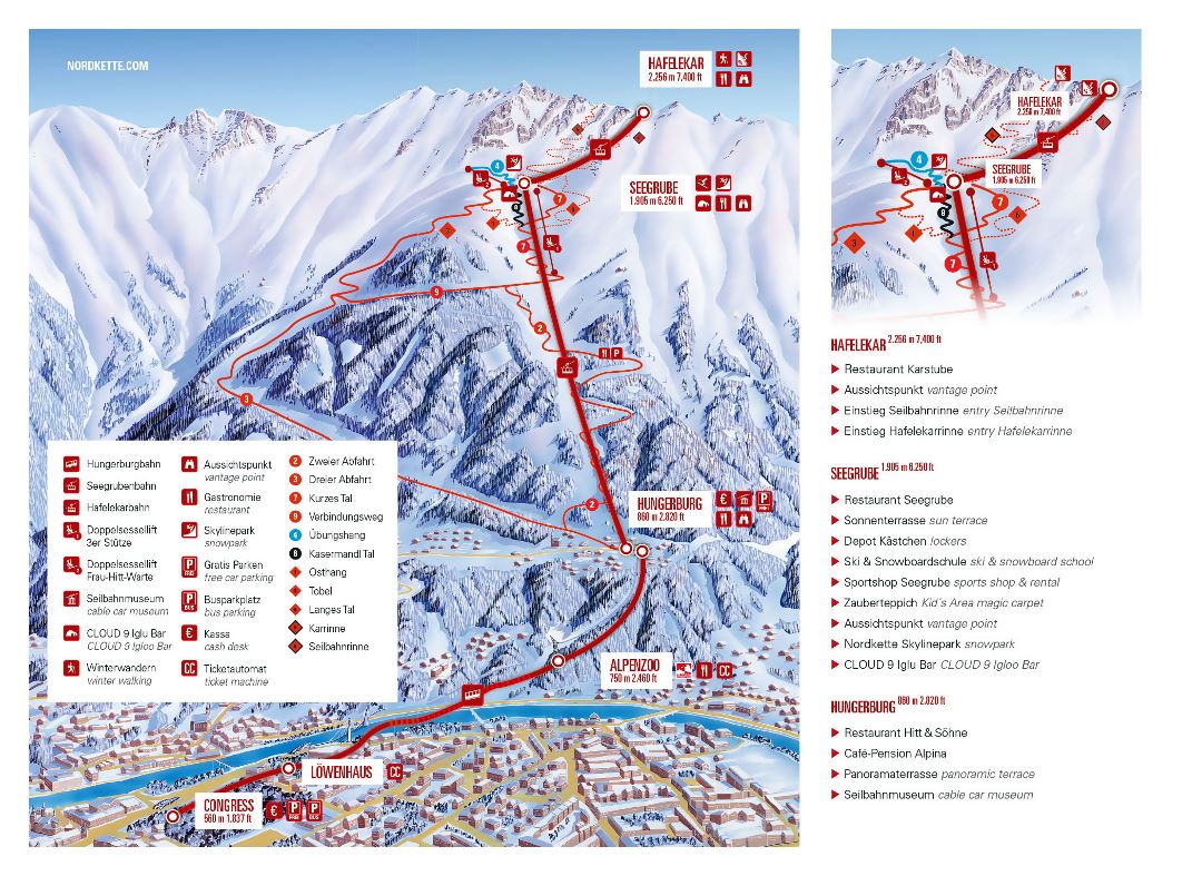Large detailed piste map of Nordkette, Innsbruck Ski Resort