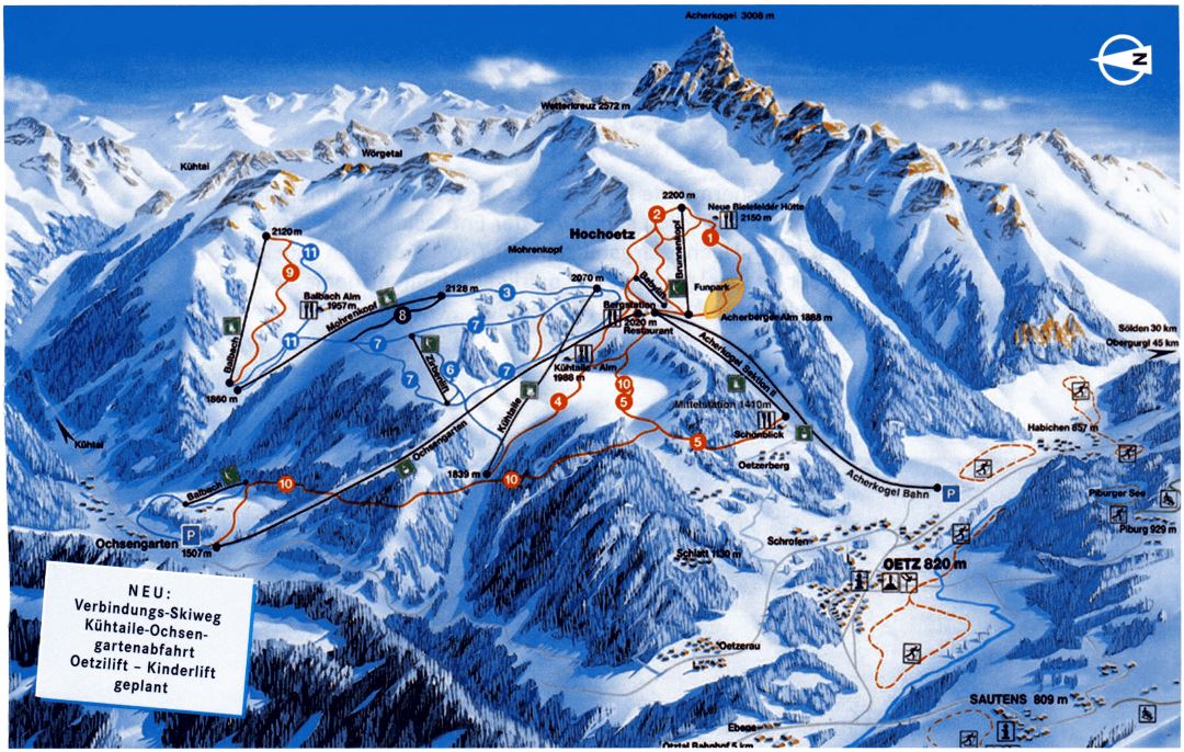 Large detailed piste map of Oetz Ski Area - 2002