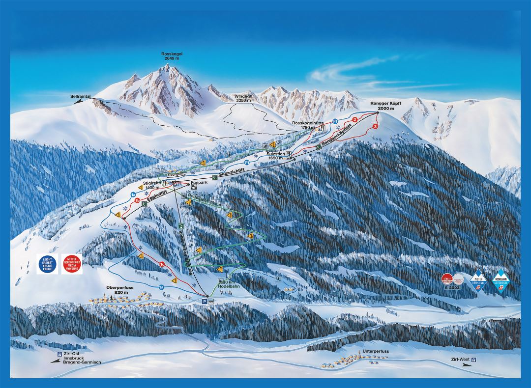 Large detailed piste map of Rangger Kopfl, Innsbruck Ski Resort