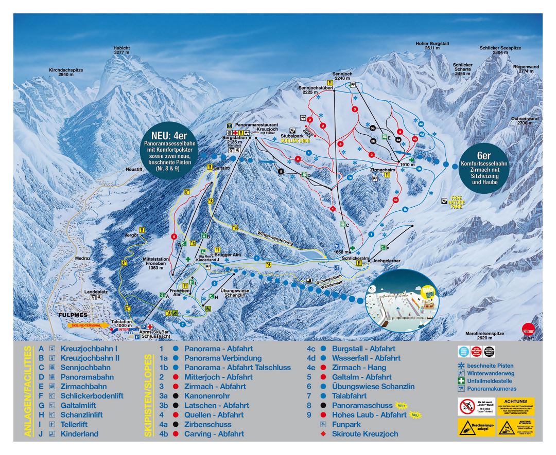 Large detailed piste map of Schlick 2000, Innsbruck Ski Resort - 2018