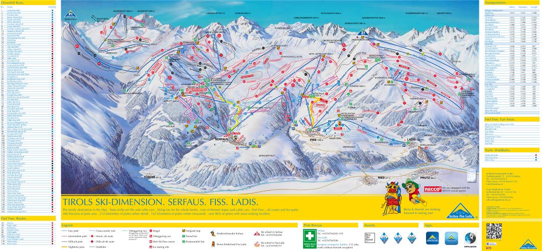 Large detailed piste map of Serfaus, Fiss, Ladis - Ski Dimension Ski Resort - 2018