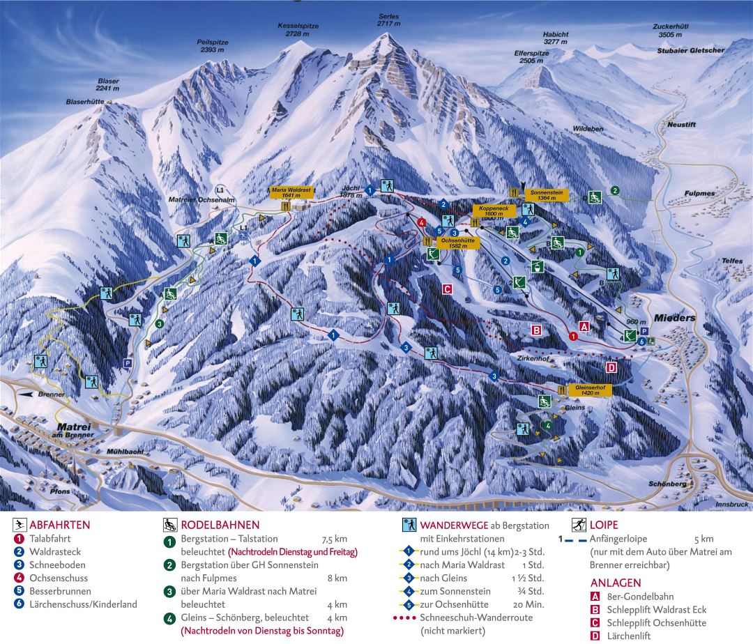 Large detailed piste map of Serles Ski Area - 2015