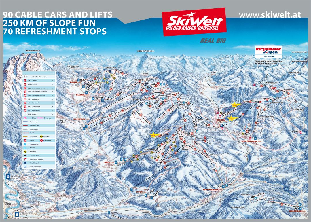 Large detailed piste map of SkiWelt Ski Resort - 2008