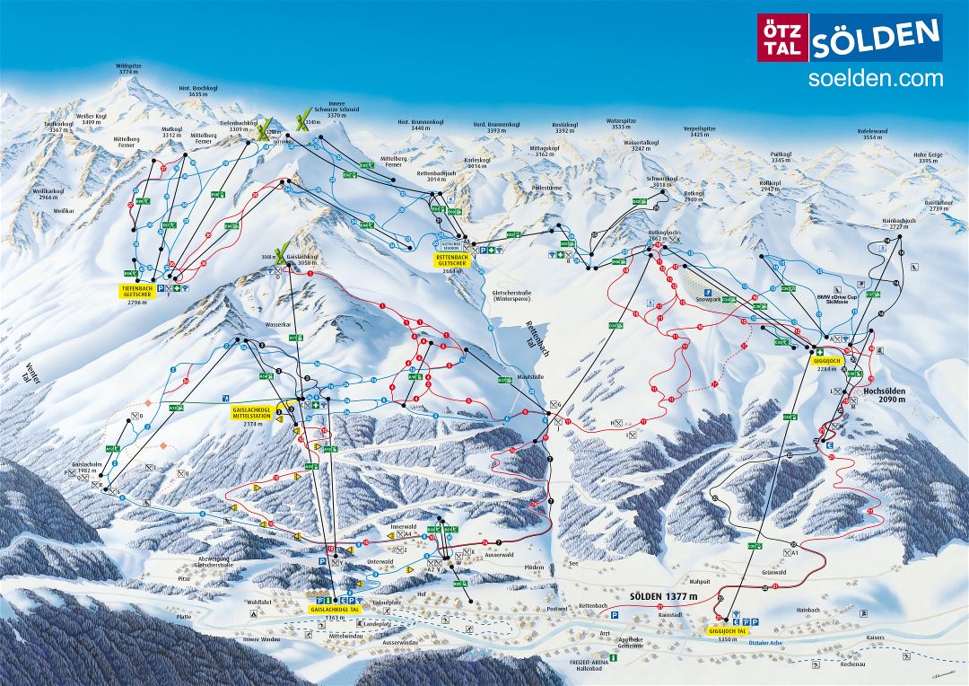 Large detailed piste map of Solden, Otztal Ski Resort - 2013