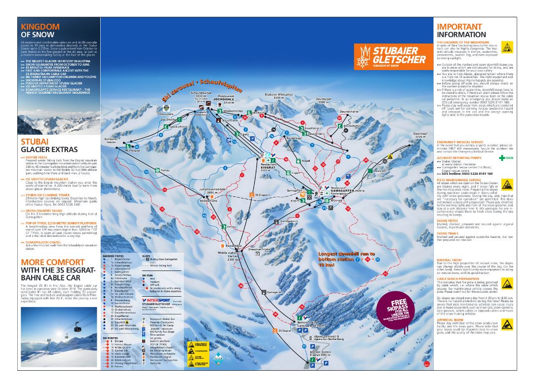 Large detailed piste map of Stubai Glacier (Stubaier Gletscher), Innsbruck Ski Resort - 2018