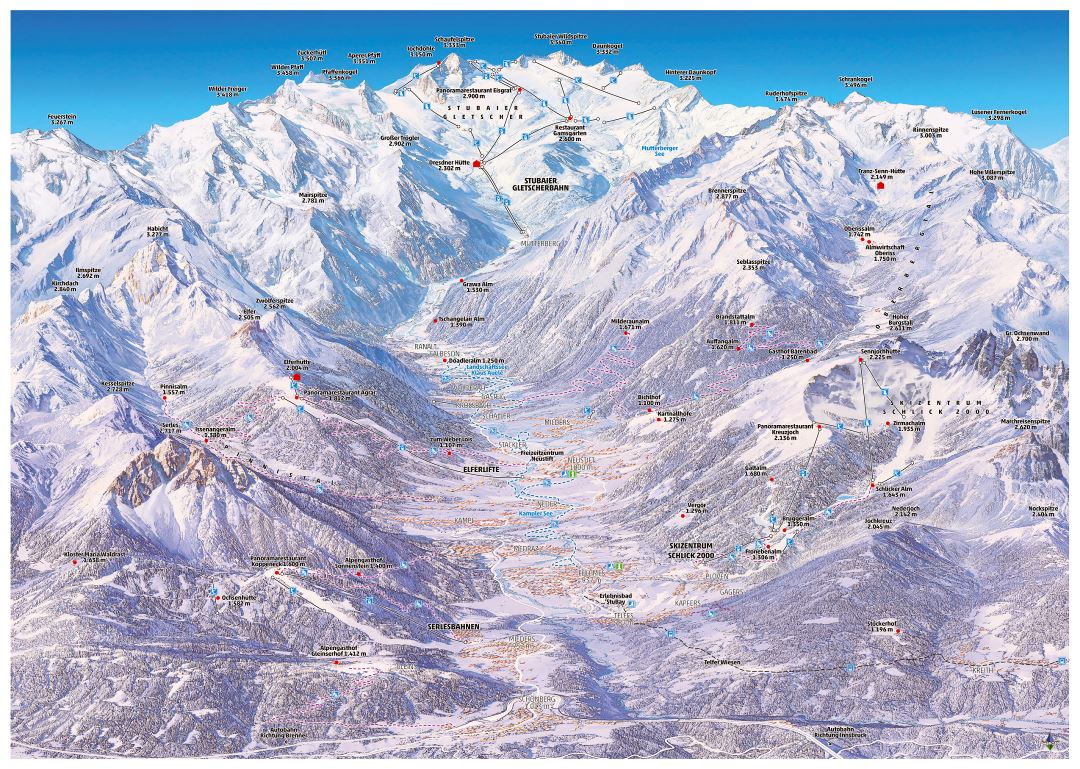 Large detailed piste map of Stubaital (Stubaier Gletscher) Ski Resort - 2015