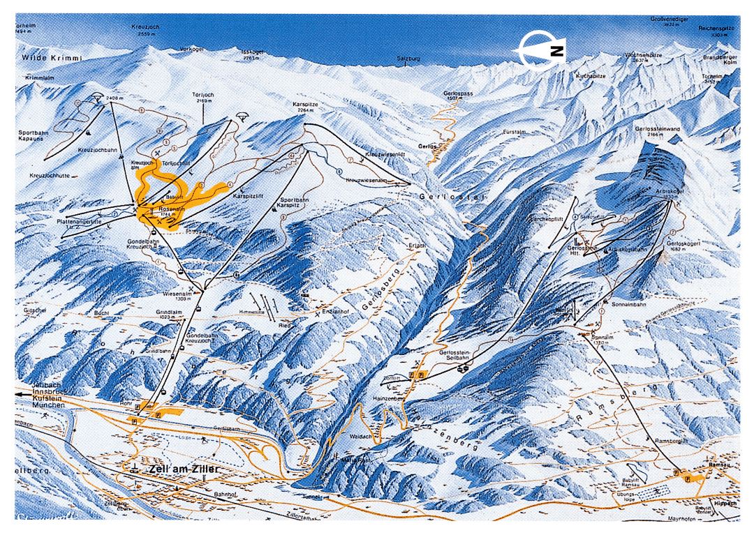 Large detailed piste map of Zell am Ziller ski area, Zillertal Valley - 1998