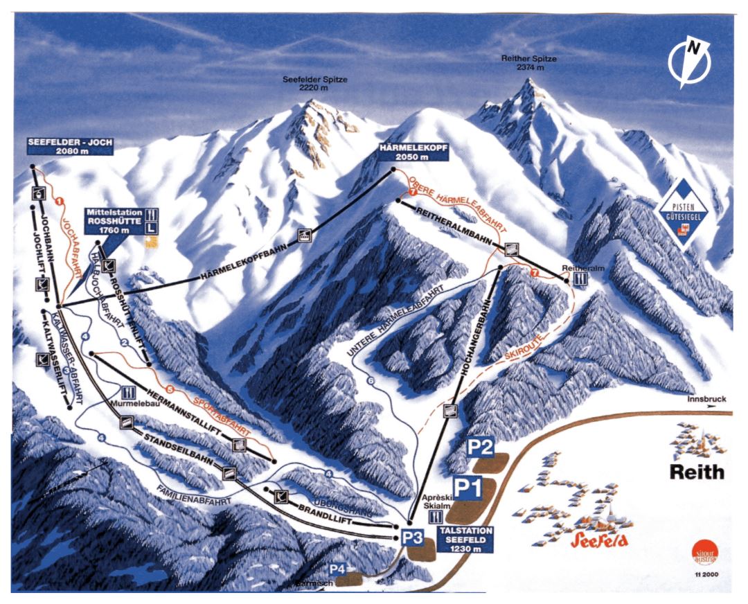 Large piste map of Seefeld, Reith Ski Resorts - 2001