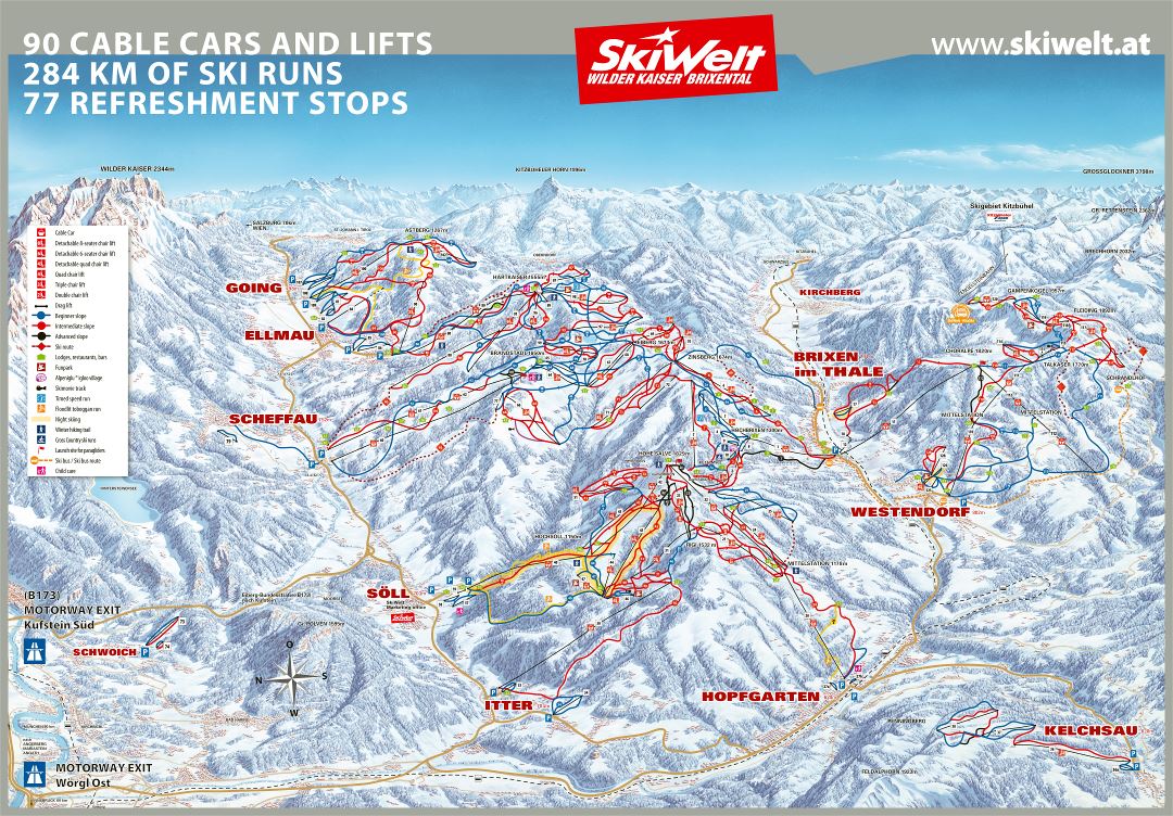 Large scale detailed piste map of SkiWelt Ski Resort - 2017