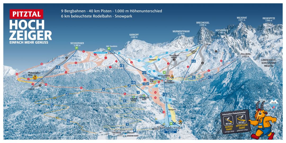 Large scale piste map of HochZeiger Ski Resort, Pitztal Ski Area - 2016