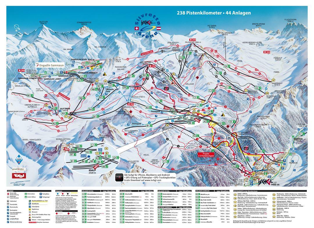 Large scale piste map of Ischgl and Samnaun resorts, Silvretta Arena Ski Region - 2011
