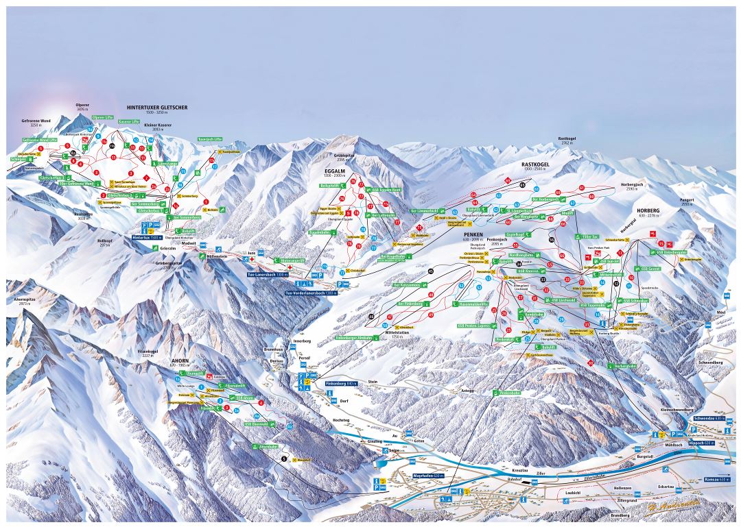 Large scale piste map of Zillertal 3000 (Hintertux), Zillertal Valley Ski Resort - 2014