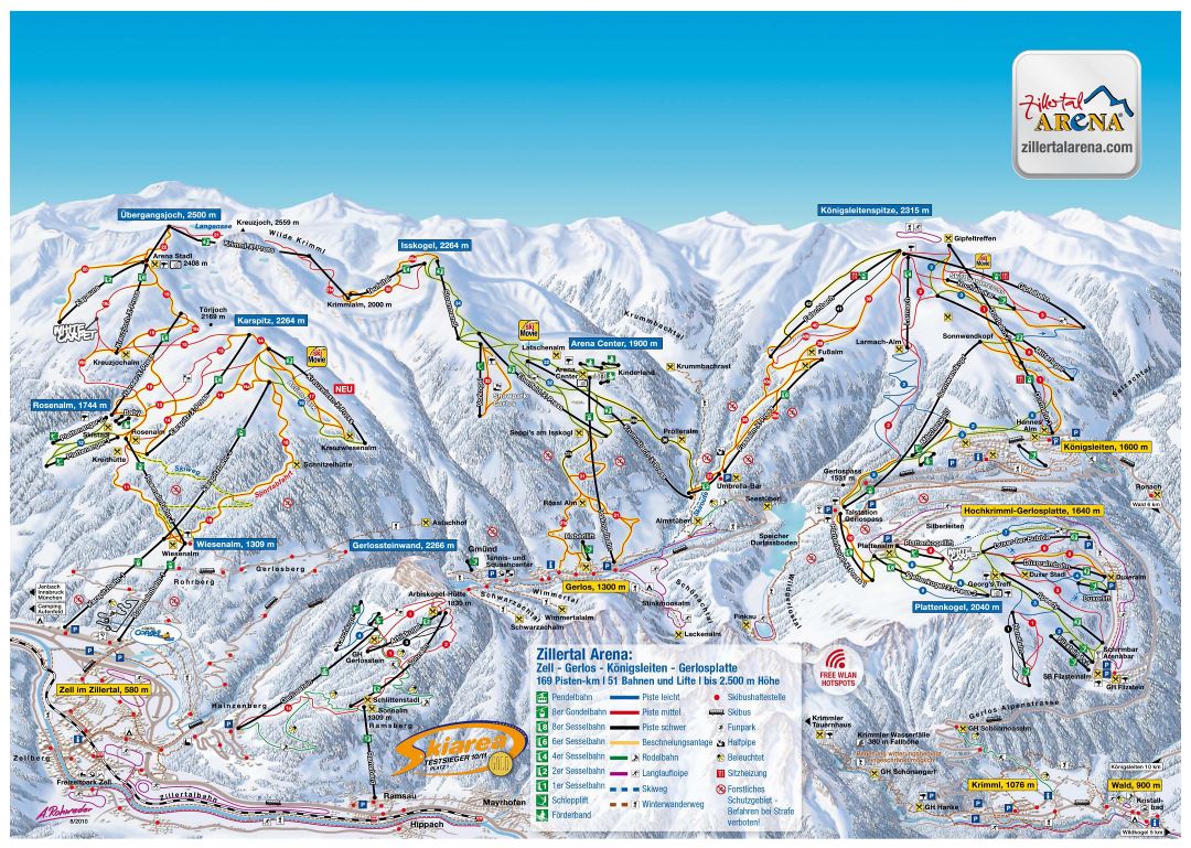 Large scale piste map of Zillertal Arena ski area, Zillertal Valley Ski Resort - 2012
