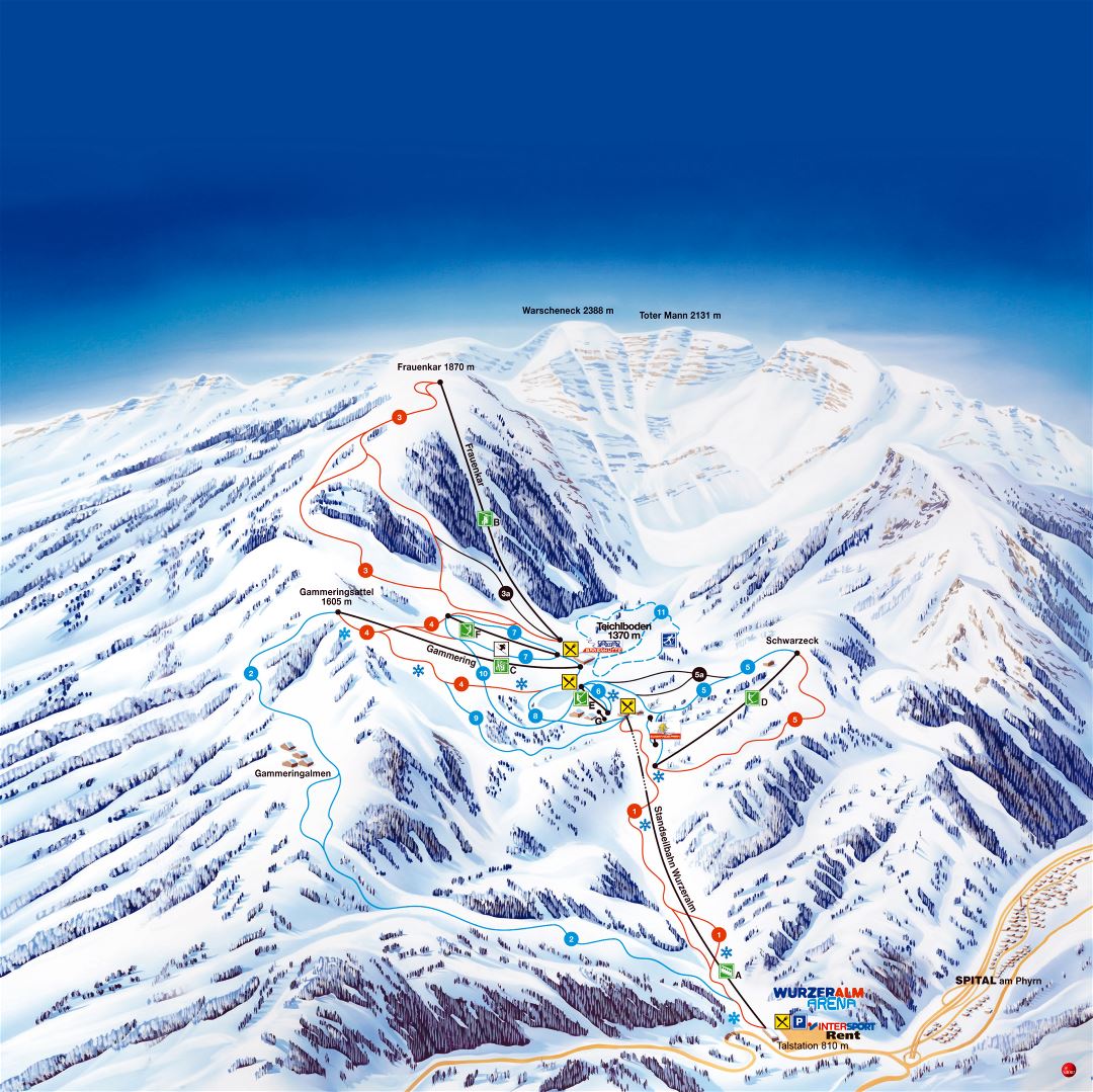 Large detailed piste map of Wurzeralm Arena Ski Resort - 2011