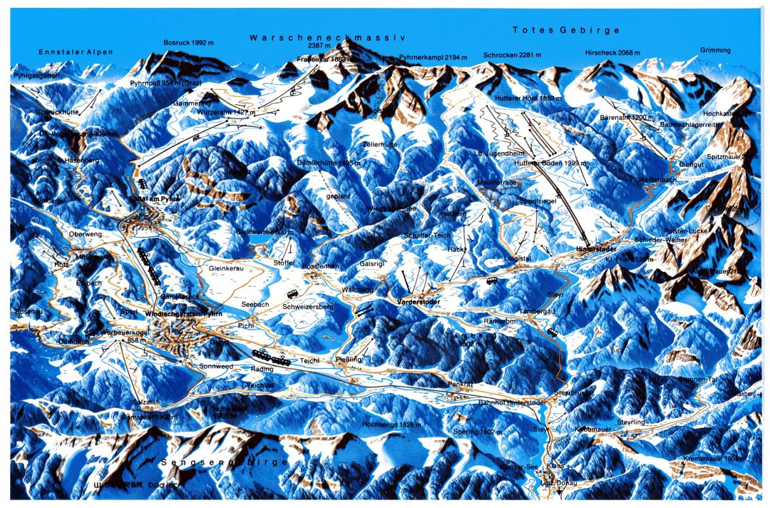 Large old piste map of Hinterstoder Ski Resort - 1985