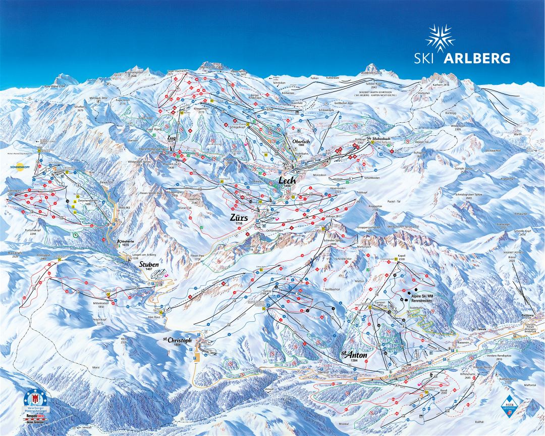 Large detailed piste map of Arlberg Ski Resort - 2012