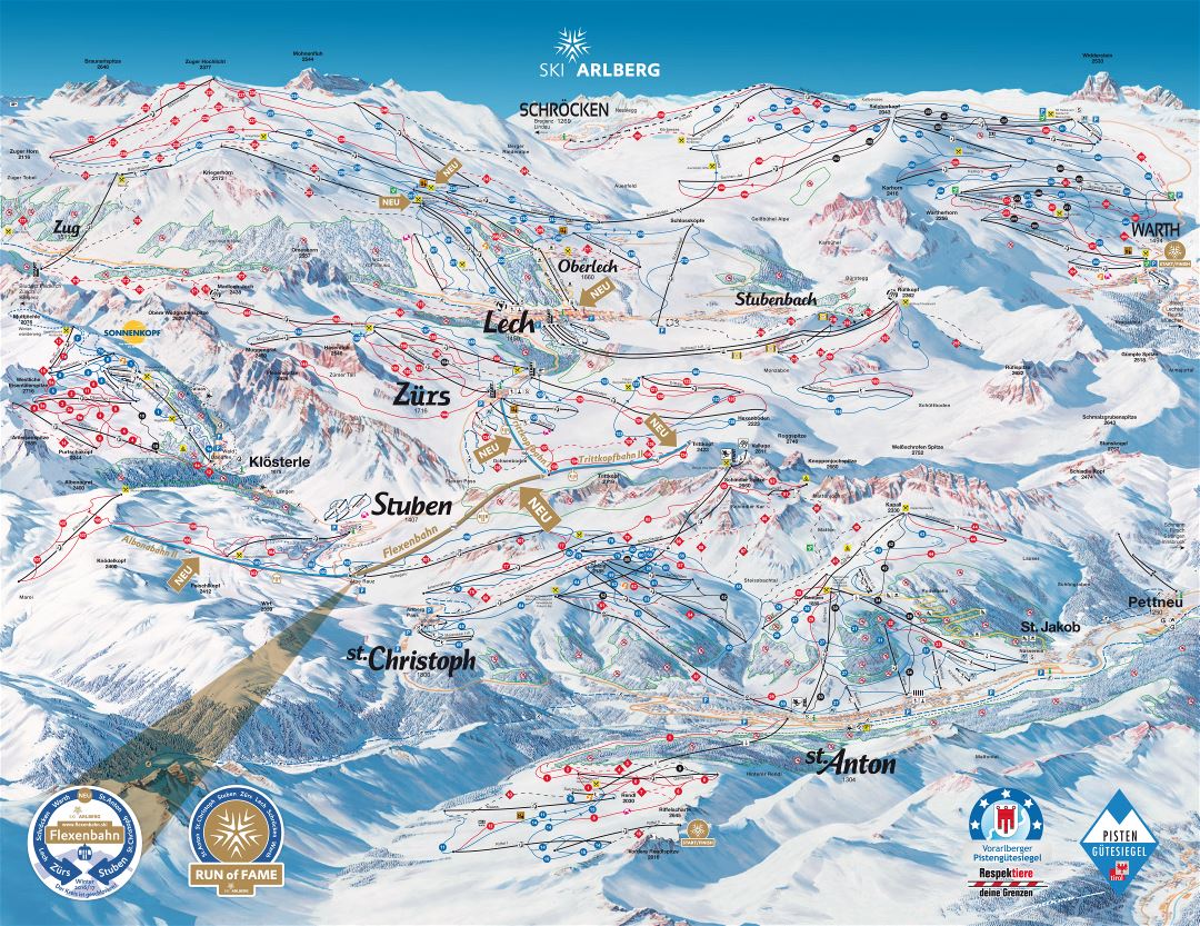 Large detailed piste map of Arlberg Ski Resort - 2016
