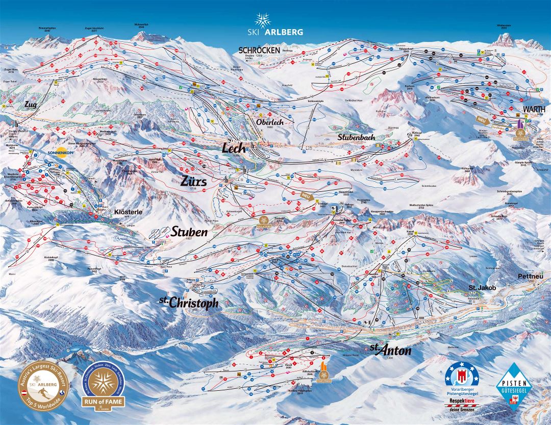 Large detailed piste map of Arlberg Ski Resort - 2017