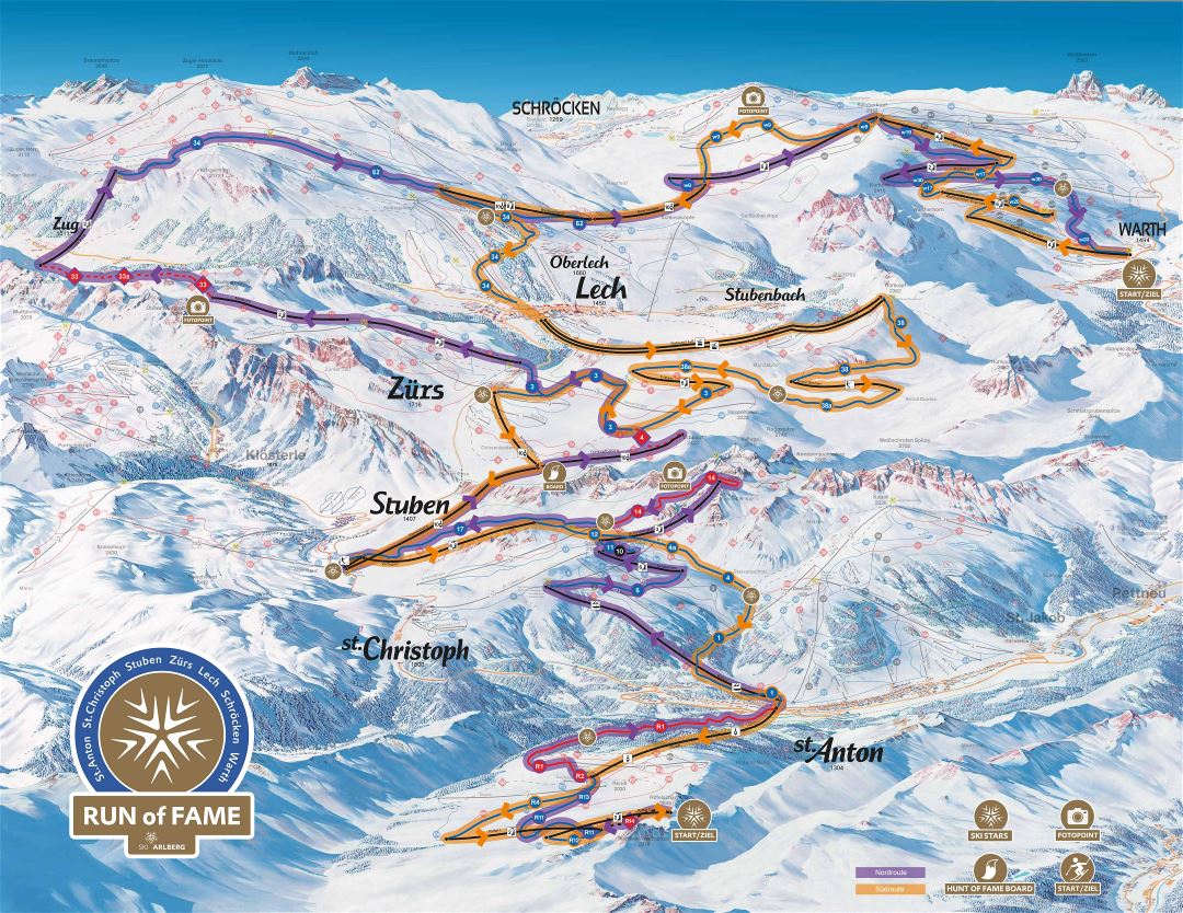 Large detailed winter run map of Arlberg Ski Resort - 2016