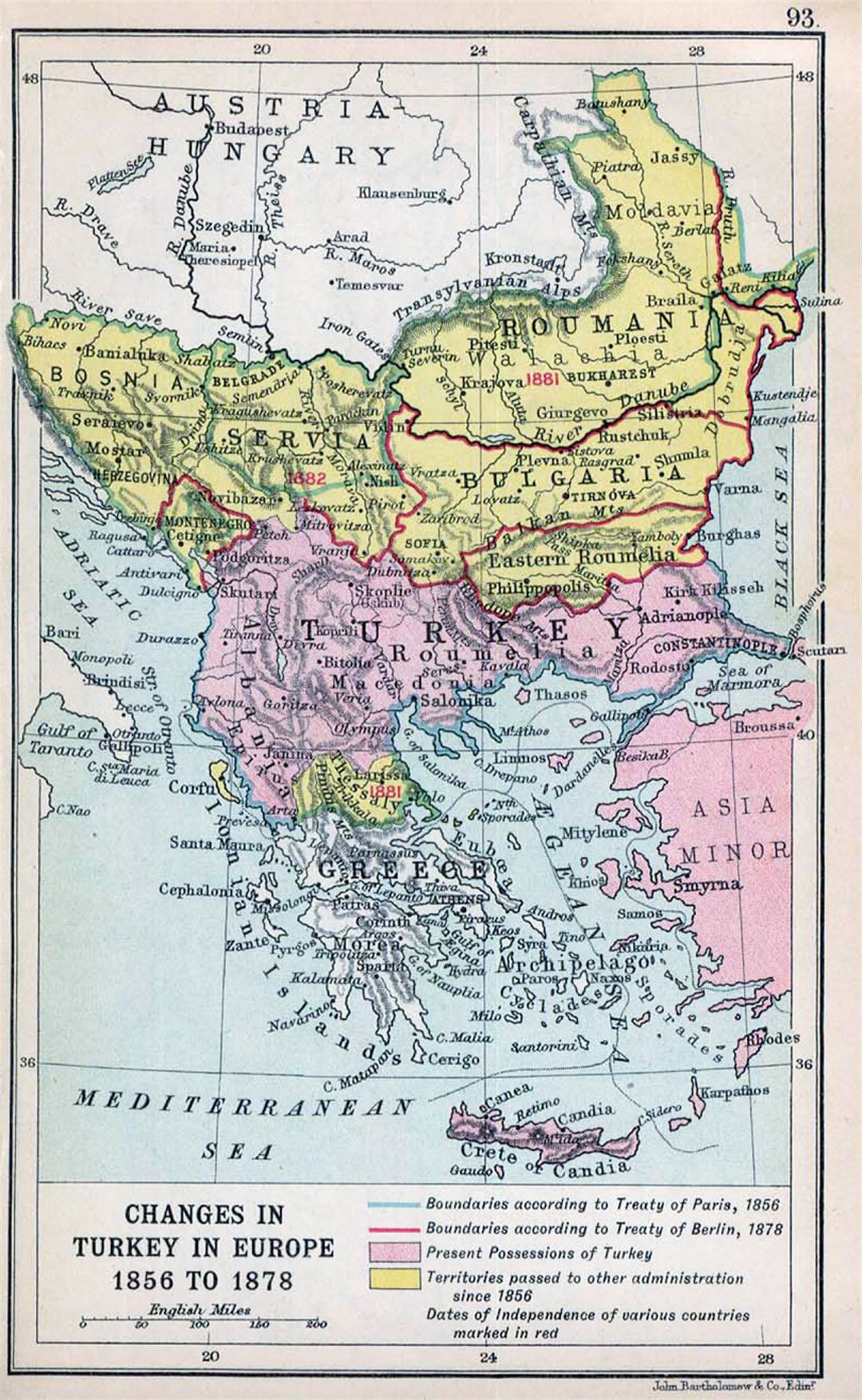 Detailed old map of Balkans with relief - 1912