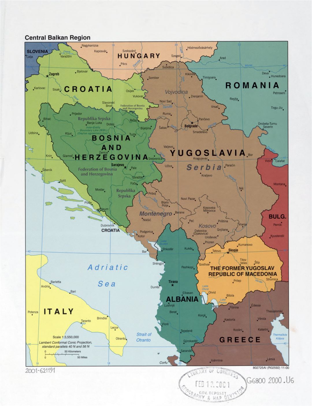 Large detailed political map of Central Balkan Region with marks of capitals, large cities and names of states - 2000