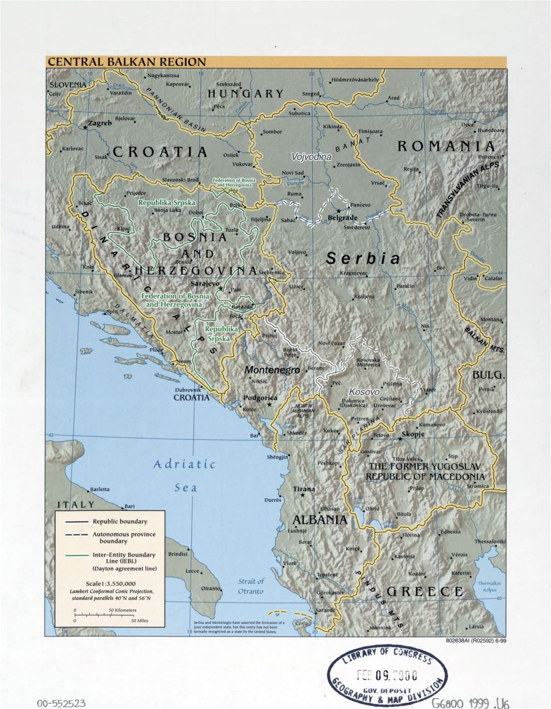 Large detailed political map of Central Balkan Region with relief, marks of capitals, large cities and names of states - 1999
