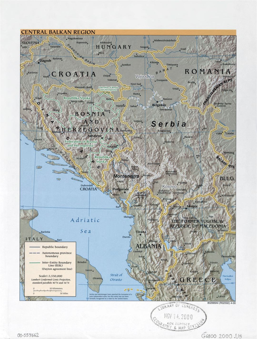 Large detailed political map of Central Balkan Region with relief, marks of capitals, large cities and names of states - 2000