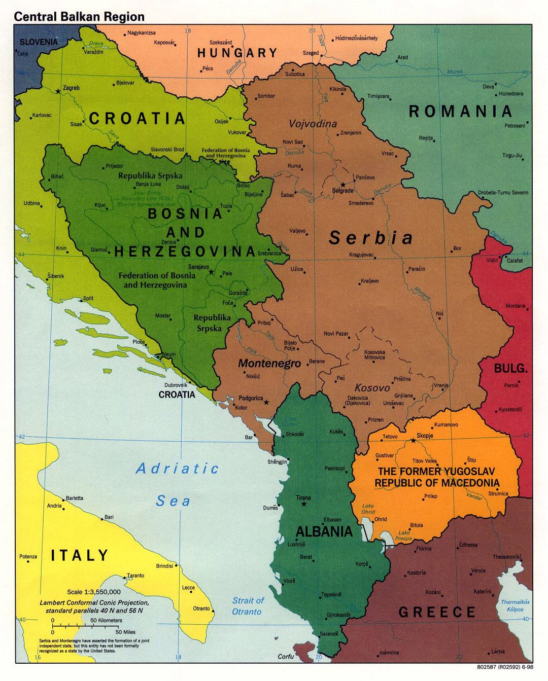 Large political map of Central Balkan Region with cities - 1998
