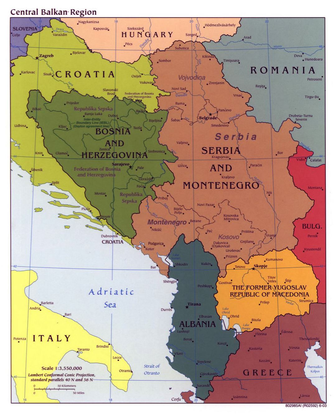 Large political map of Central Balkan Region with major cities - 2003