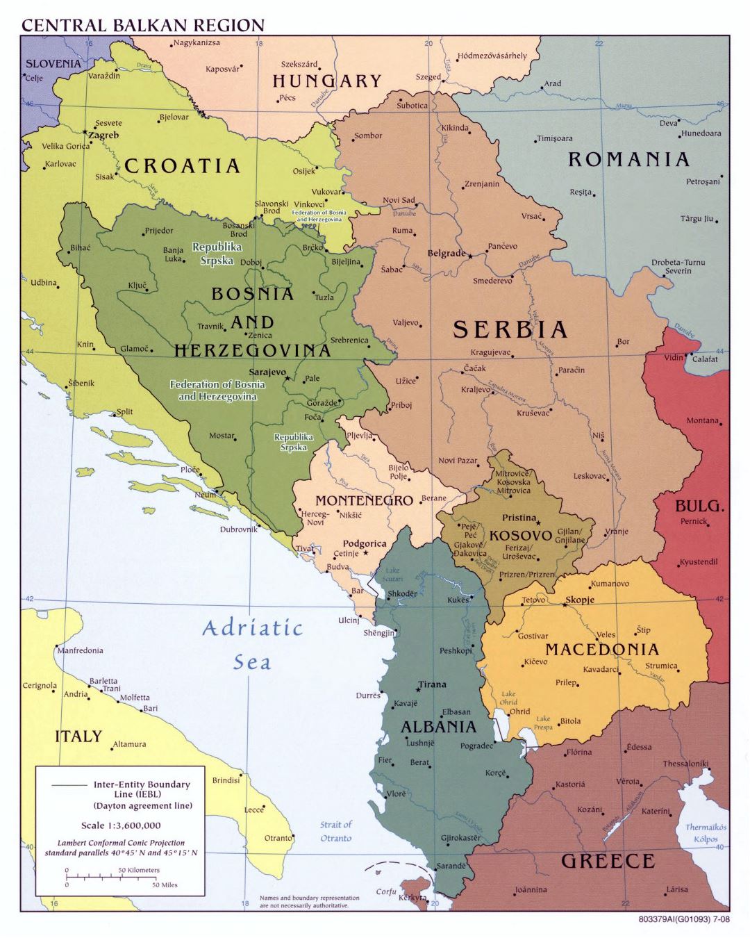 Large political map of Central Balkan Region with major cities - 2008