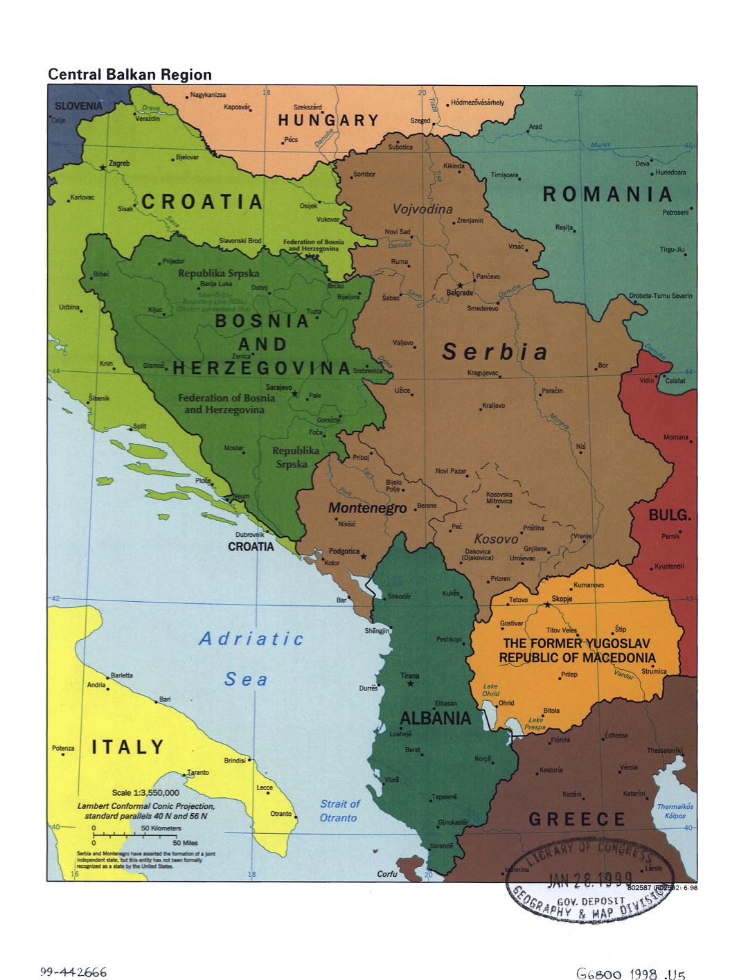 Large political map of Central Balkan Region with marks of capitals, large cities and names of states - 1998