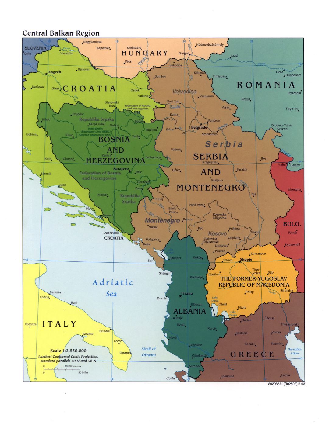Large political map of Central Balkan Region with marks of capitals, large cities and names of states - 2003