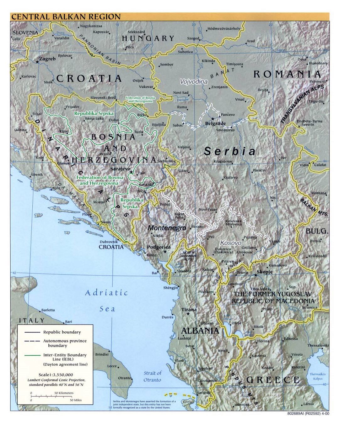 Large political map of Central Balkan Region with relief and cities - 2000